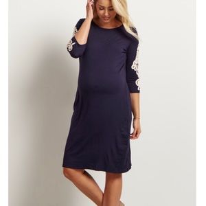 Navy Solid Crochet Sleeve Maternity Dress, Medium